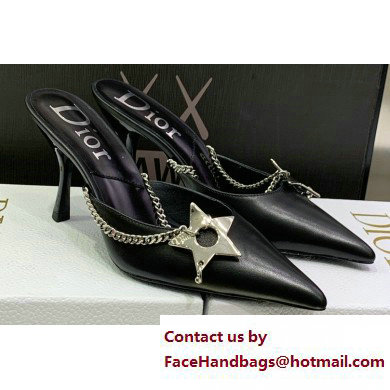 Dior Heel 8.5cm Chain and Star Pointed Toe Mules Black 2023