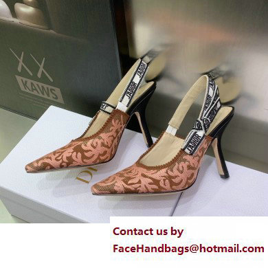 Dior Heel 9.5cm J'Adior Slingback Pumps in Antique Pink Brocart Embroidered Cotton with Gold-Tone Metallic Thread 2023