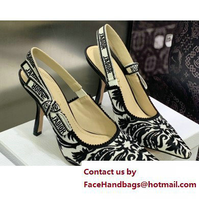Dior Heel 9.5cm J'Adior Slingback Pumps in Black/White Ornamental Embroidered Cotton 2023