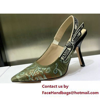 Dior Heel 9.5cm J'Adior Slingback Pumps in Green Brocart Embroidered Cotton with Gold-Tone Metallic Thread 2023