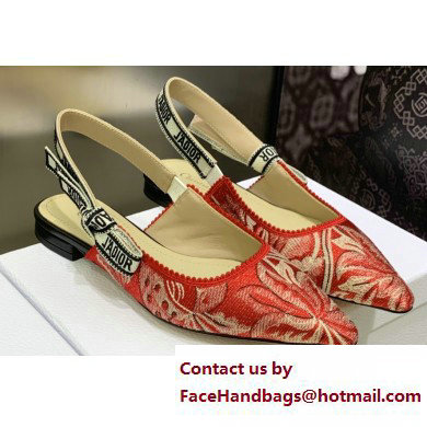 Dior J'Adior Slingback Ballerina Flats in Red Brocart Embroidered Cotton with Gold-Tone Metallic Thread 2023