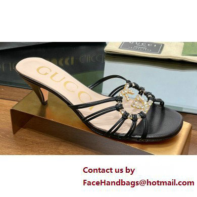 Gucci Heel 4.5cm Slide Sandals Black with crystals Interlocking G 2023 Gucci Heel 4.5cm Slide Sandals Black with crystals Interlocking G 2023