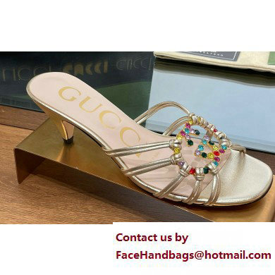 Gucci Heel 4.5cm Slide Sandals Gold with crystals Interlocking G 2023 Gucci Heel 4.5cm Slide Sandals Gold with crystals Interlocking G 2023
