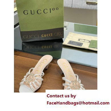 Gucci Heel 4.5cm Slide Sandals White with crystals Interlocking G 2023