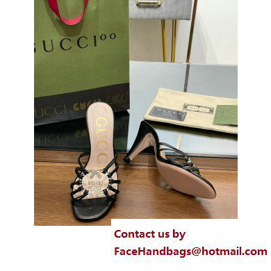 Gucci Heel 9cm Slide Sandals Black with crystals Interlocking G 2023