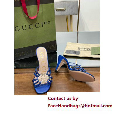 Gucci Heel 9cm Slide Sandals Blue with crystals Interlocking G 2023
