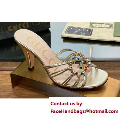 Gucci Heel 9cm Slide Sandals Gold with crystals Interlocking G 2023