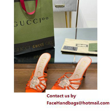 Gucci Heel 9cm Slide Sandals Orange with crystals Interlocking G 2023