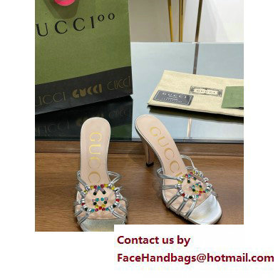 Gucci Heel 9cm Slide Sandals Silver with crystals Interlocking G 2023