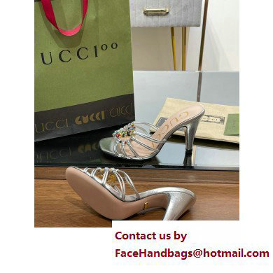 Gucci Heel 9cm Slide Sandals Silver with crystals Interlocking G 2023