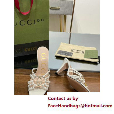 Gucci Heel 9cm Slide Sandals White with crystals Interlocking G 2023