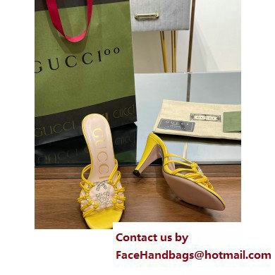 Gucci Heel 9cm Slide Sandals Yellow with crystals Interlocking G 2023
