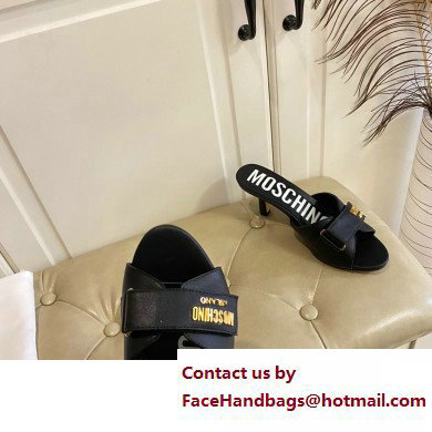 Moschino Heel 6.5cm Metal Logo foiled calfskin sandals Black 2023 - Click Image to Close