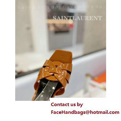 Saint Laurent Heel 10cm Platform 2cm Tribute Sandals in Patent Leather Brown