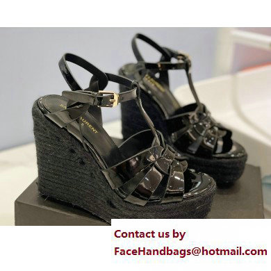 Saint Laurent Heel 12.5cm Platform 3.5cm Tribute Wedge Espadrilles in Patent Leather 611924 Black