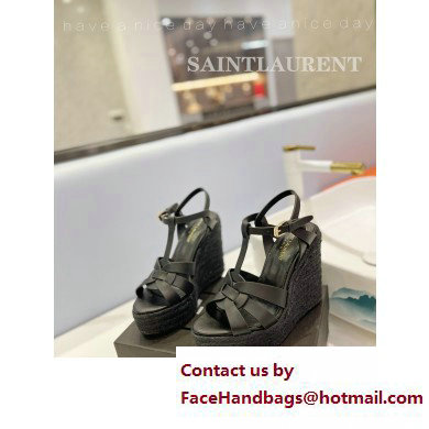 Saint Laurent Heel 12.5cm Platform 3.5cm Tribute Wedge Espadrilles in Smooth Leather 611924 Black