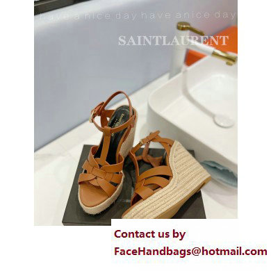 Saint Laurent Heel 12.5cm Platform 3.5cm Tribute Wedge Espadrilles in Smooth Leather 611924 Brown