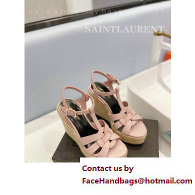 Saint Laurent Heel 12.5cm Platform 3.5cm Tribute Wedge Espadrilles in Smooth Leather 611924 Pink