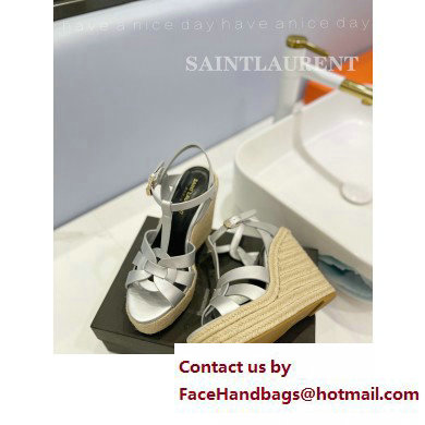 Saint Laurent Heel 12.5cm Platform 3.5cm Tribute Wedge Espadrilles in Smooth Leather 611924 Silver