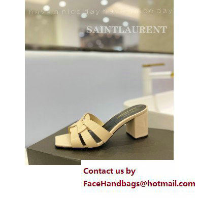 Saint Laurent Heel 6.5cm Tribute Mules Slide Sandals in Patent Leather Beige