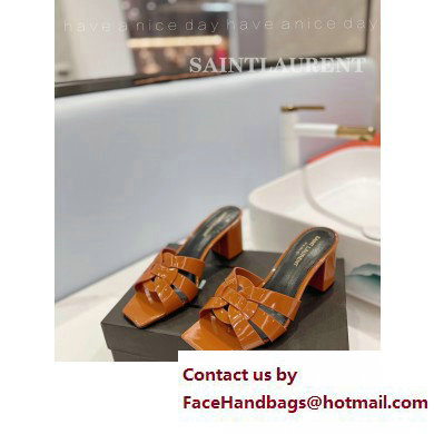 Saint Laurent Heel 6.5cm Tribute Mules Slide Sandals in Patent Leather Brown