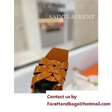Saint Laurent Heel 6.5cm Tribute Mules Slide Sandals in Patent Leather Brown