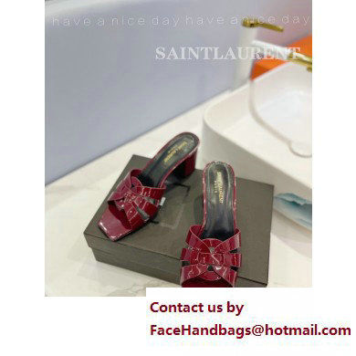 Saint Laurent Heel 6.5cm Tribute Mules Slide Sandals in Patent Leather Burgundy