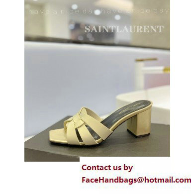 Saint Laurent Heel 6.5cm Tribute Mules Slide Sandals in Smooth Leather Beige