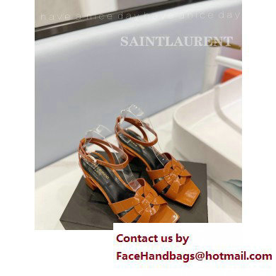Saint Laurent Heel 6.5cm Tribute Sandals in Patent Leather Brown