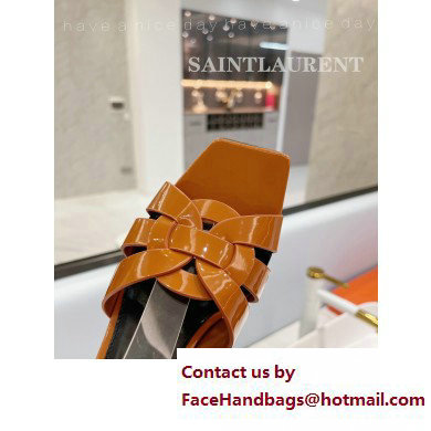 Saint Laurent Heel 6.5cm Tribute Sandals in Patent Leather Brown