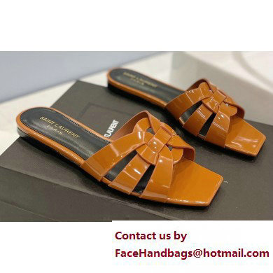 Saint Laurent Tribute Flat Mules Slide Sandals in Patent Leather 571952 Brown
