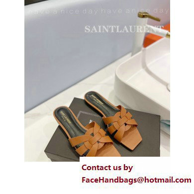 Saint Laurent Tribute Flat Mules Slide Sandals in Smooth Leather 571952 Brown
