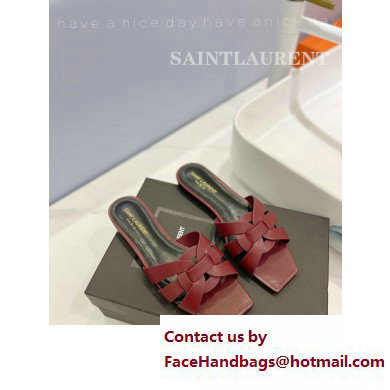 Saint Laurent Tribute Flat Mules Slide Sandals in Smooth Leather 571952 Burgundy