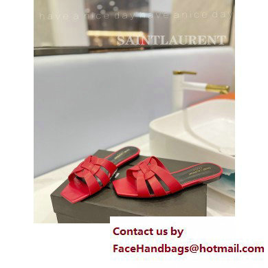 Saint Laurent Tribute Flat Mules Slide Sandals in Smooth Leather 571952 Red