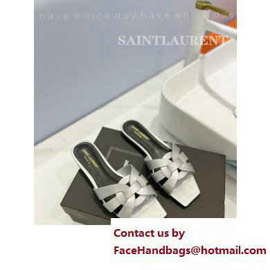 Saint Laurent Tribute Flat Mules Slide Sandals in Smooth Leather 571952 Silver