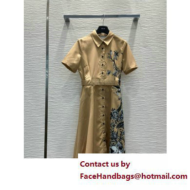 dior Beige Cotton Gabardine with Multicolor Dior Jardin d'Hiver Motif Mid-Length Belted Dress 2023