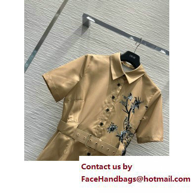 dior Beige Cotton Gabardine with Multicolor Dior Jardin d'Hiver Motif Mid-Length Belted Dress 2023