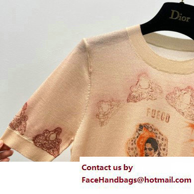 dior Beige Cotton Jersey and Linen with Fuego Motif T-Shirt 2023