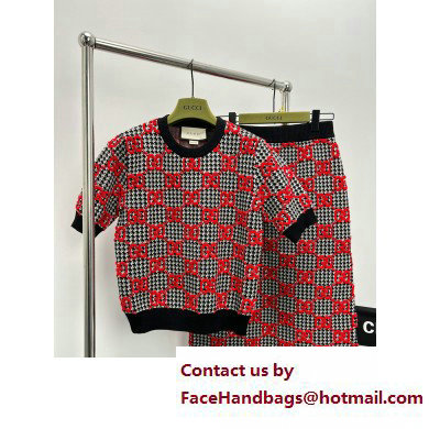 gucci red GG boucle pied de poule wool T-shirt and skirt 2023