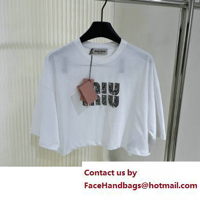 miu miu Embroidered cotton T-shirt white/crystal 2023