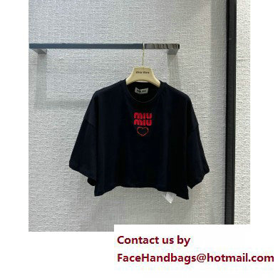 miu miu Embroidered cotton jersey T-shirt black 2023