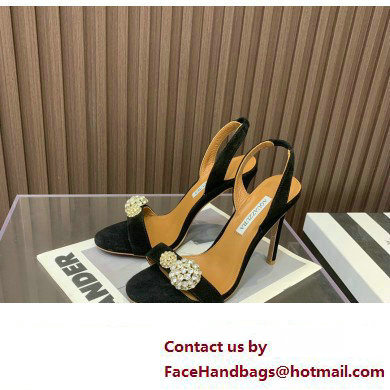 Aquazzura Heel 10.5cm Love Bubble Crystal-embellished Sandals Suede Black 2023