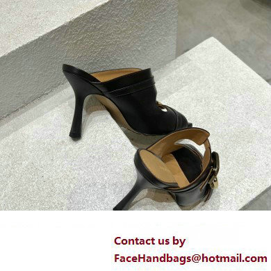 Bottega Veneta Heel 9.5cm Leather Stretch Buckle Mules Sandals Black 2023