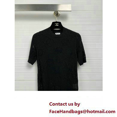 CHANEL camellia KNITTED T-SHIRT BLACK 2023