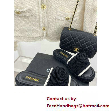 Chanel Braided Knit Camellia Mules Black 2023
