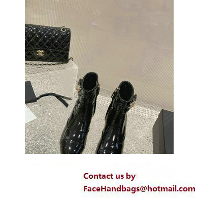Chanel Gold Heel 3cm Patent Goatskin Short Boots G39736 Black 2023
