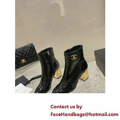 Chanel Gold Heel 7cm Patent Goatskin Short Boots G39736 Black 2023