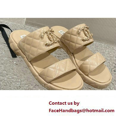 Chanel Heel 3cm Gold CC Logo Lambskin Quilting Mules Sandals Beige 2023