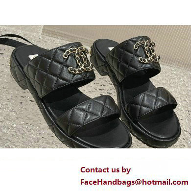 Chanel Heel 3cm Gold CC Logo Lambskin Quilting Mules Sandals Black 2023