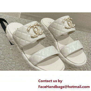 Chanel Heel 3cm Gold CC Logo Lambskin Quilting Mules Sandals White 2023